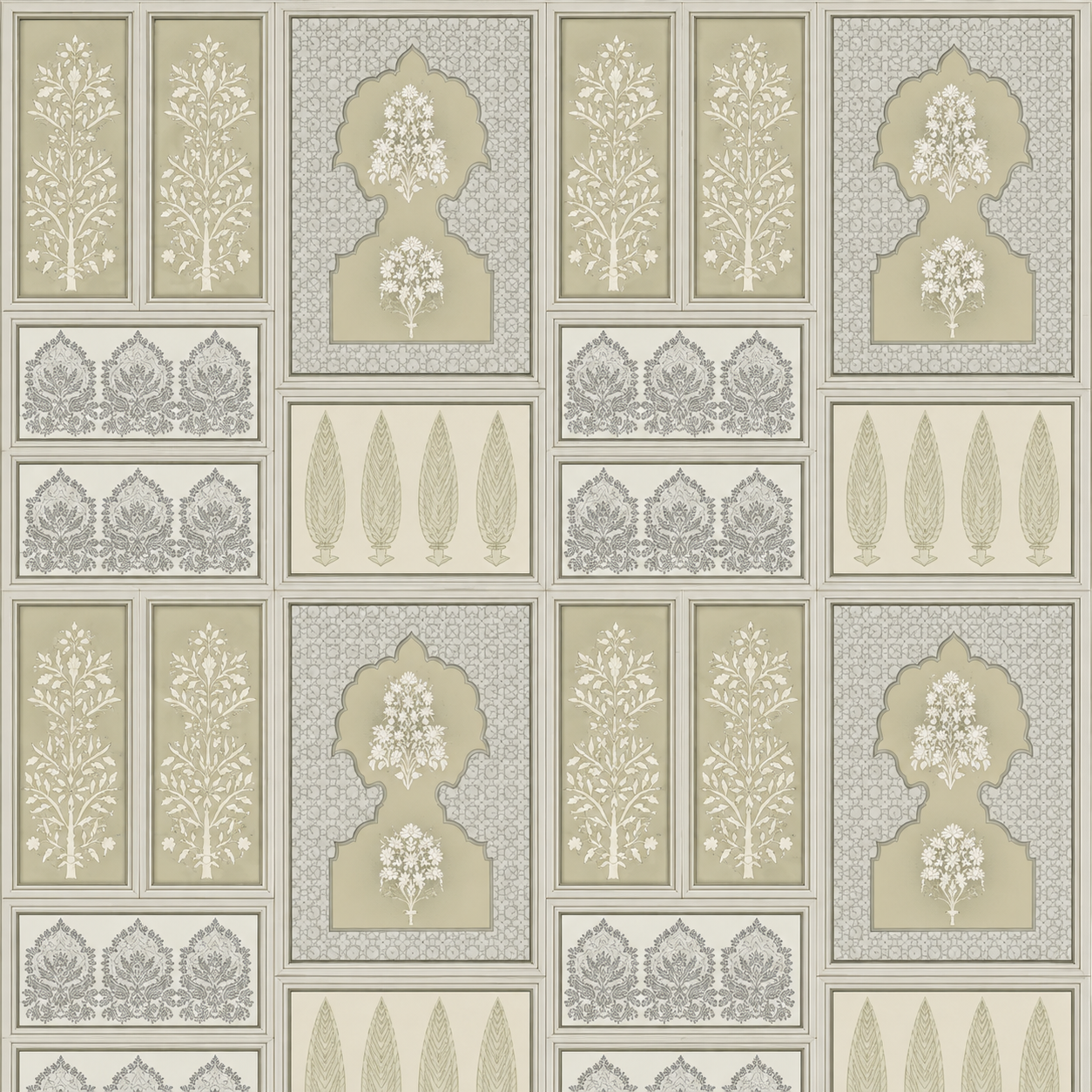 Olive Grey Panelled Block Print Wallpaper