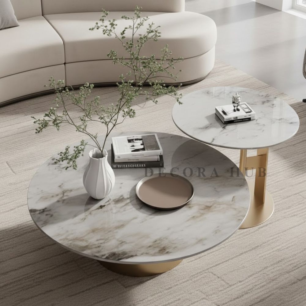 Round White Marble Top With Cylendrical Base Centre Table