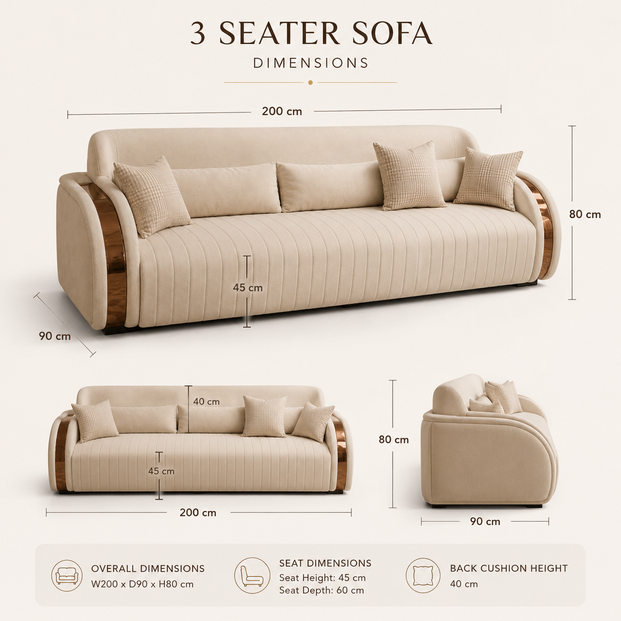 3 seater fabric ivory biege sofa specs