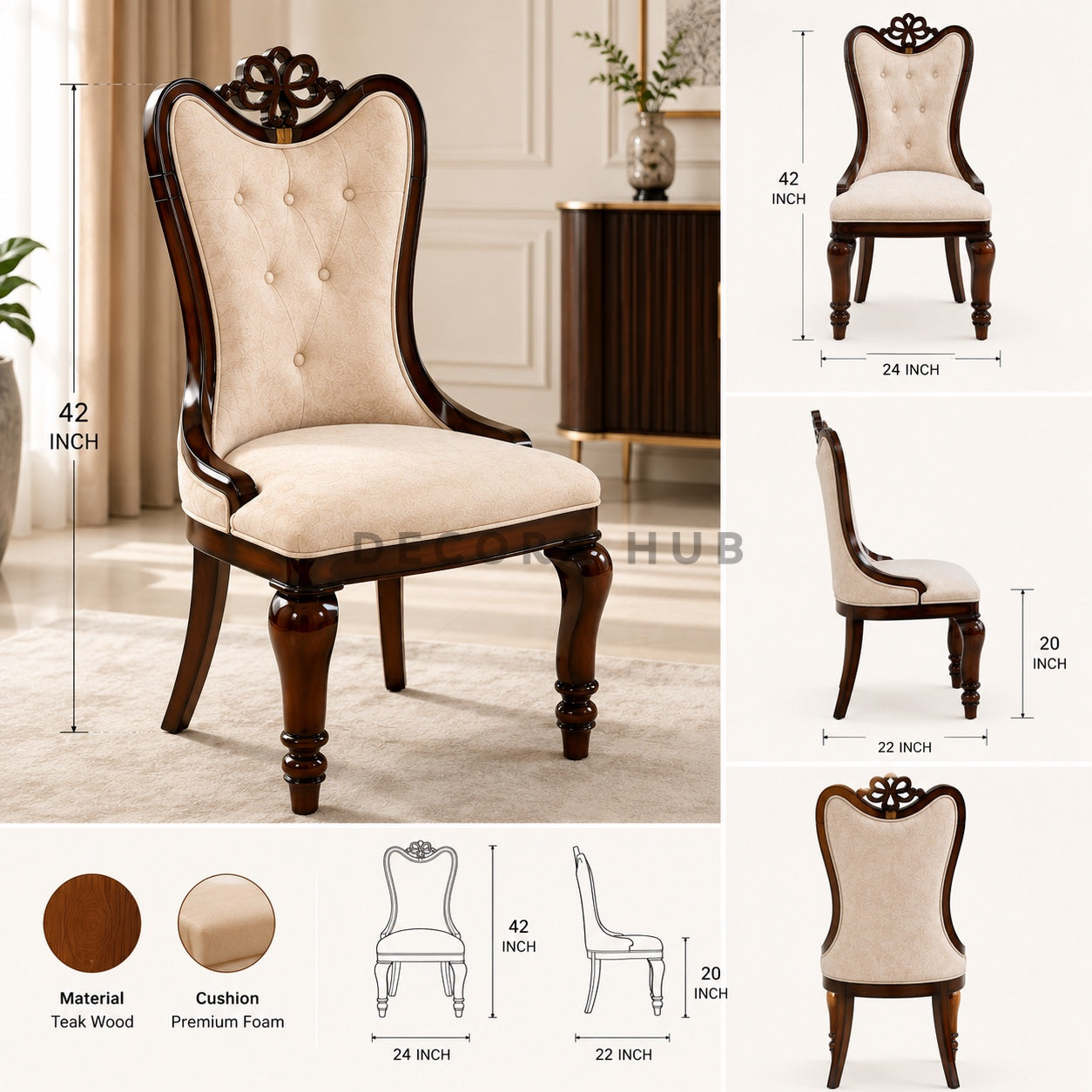Dining chair with dimensions and material details on a neutral background