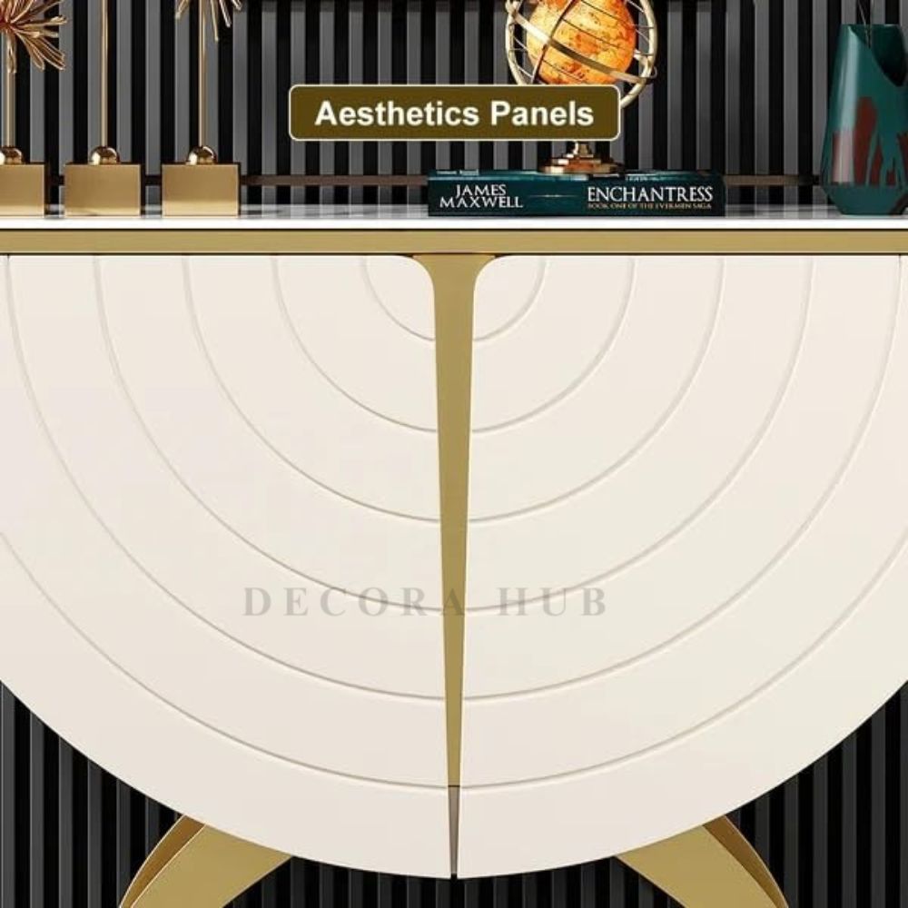 DecoraHub Half-Moon Gold Marble Console Table with Storage