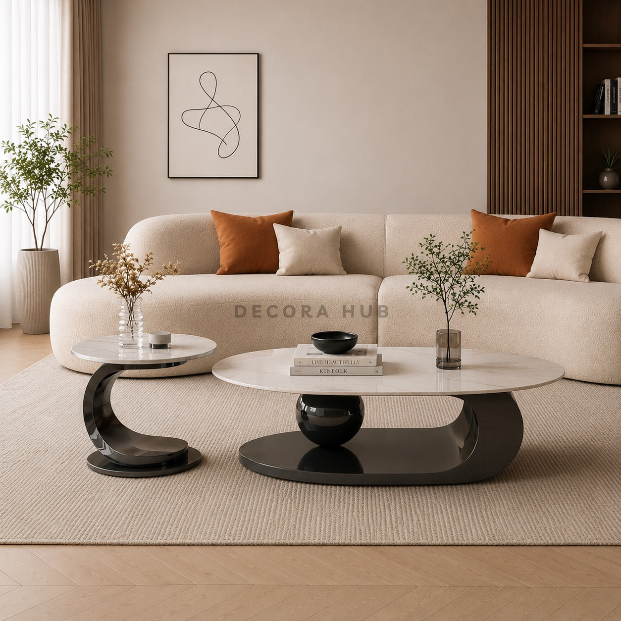 Modern living room with beige sofa, stylish coffee table, and decorative elements.