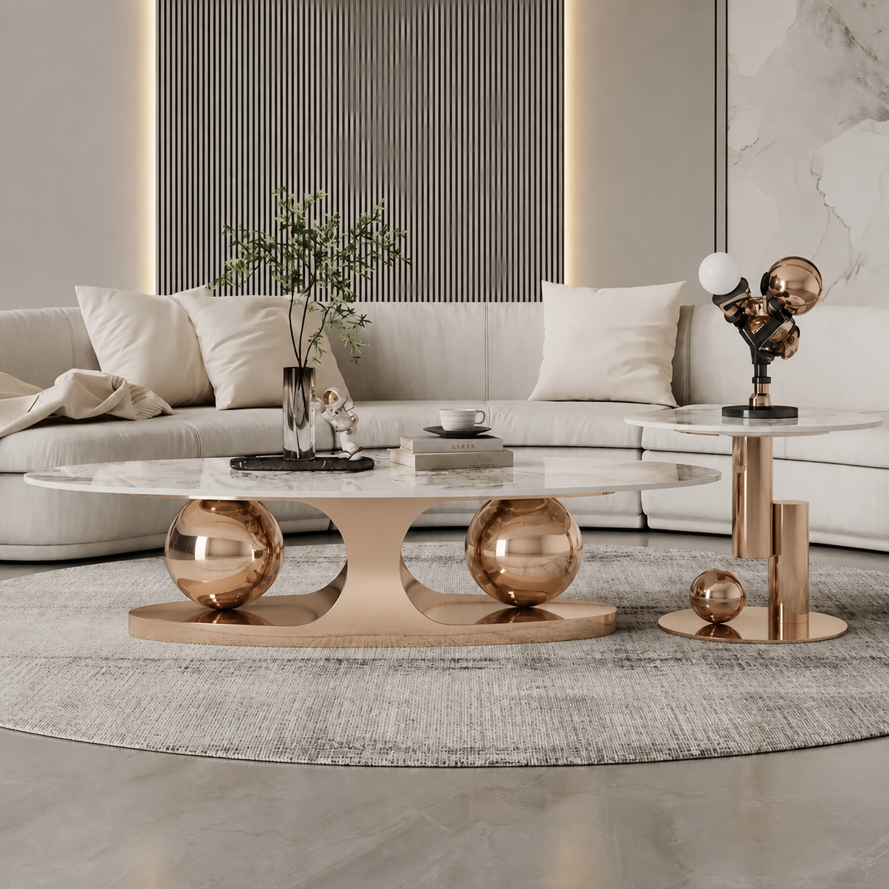 Copper Gold White Italian Marble Teapoy for Living Room