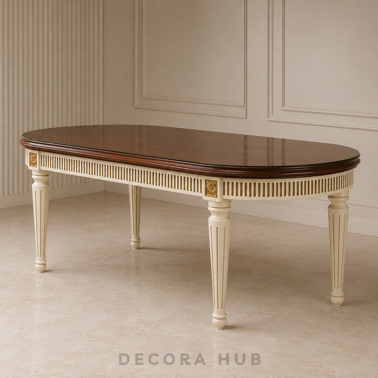 An elegant oval dining table with a dark brown wood top and an off-white painted frame featuring decorative fluted legs and gold accents, set against a classic paneled cream wall and tiled floor.