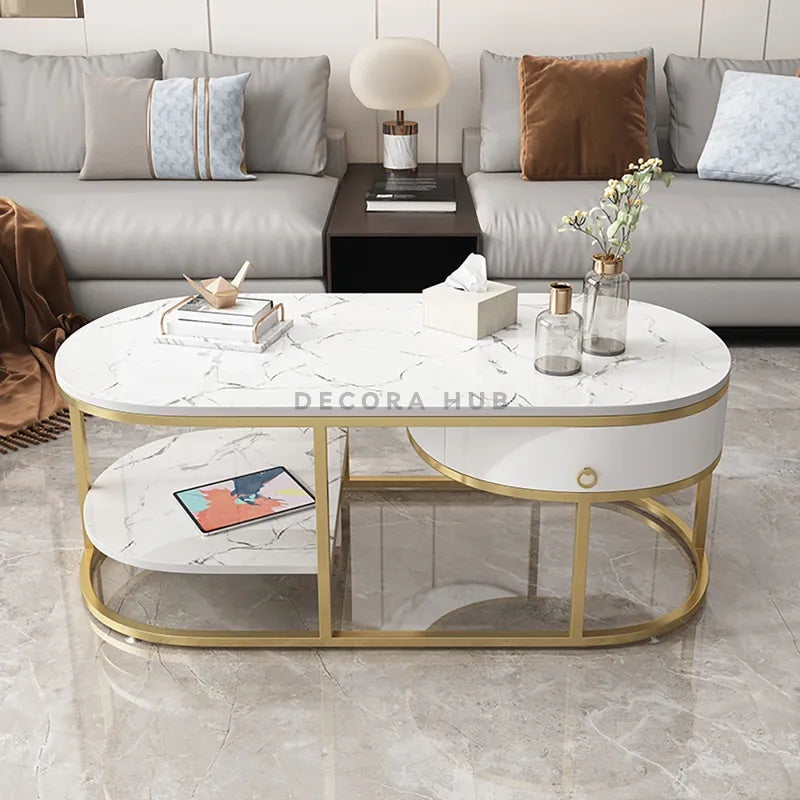 Luxury White & Gold Oval Coffee Table with Functional Drawer & Shelf