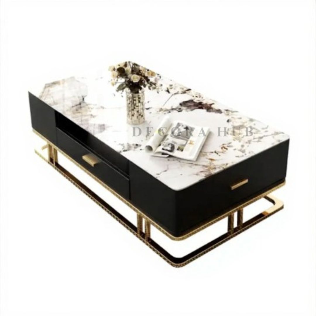 Luxury White Marble Center Table, Golden SS304 Base with PVD Coating & Storage