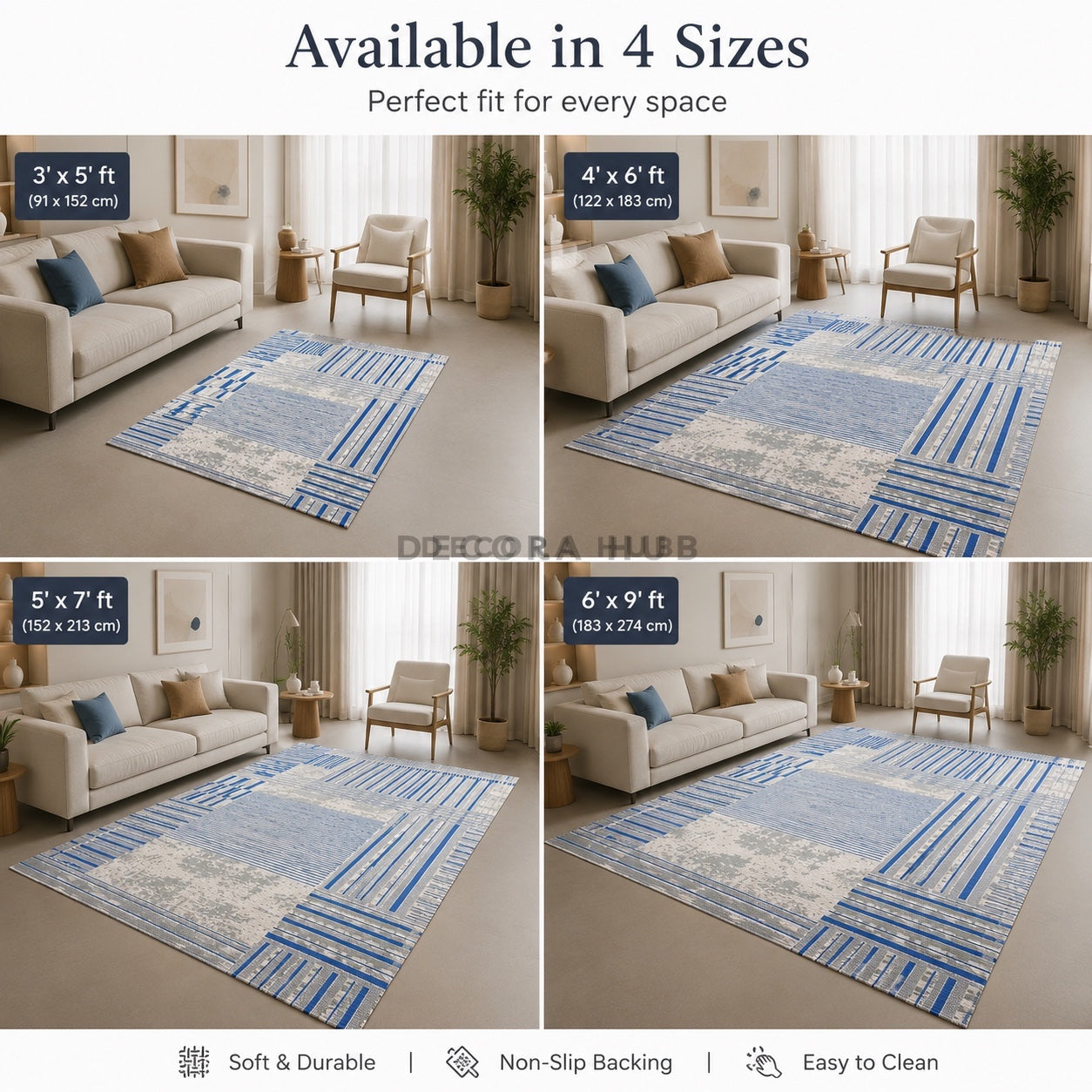 Collage of a blue and white patterned rug in various sizes in a living room setting.