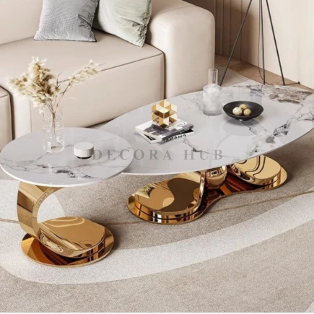 Premium 2-Piece Coffee Table Set – 15mm Glossy Marble Top & Golden PVD Finish Base