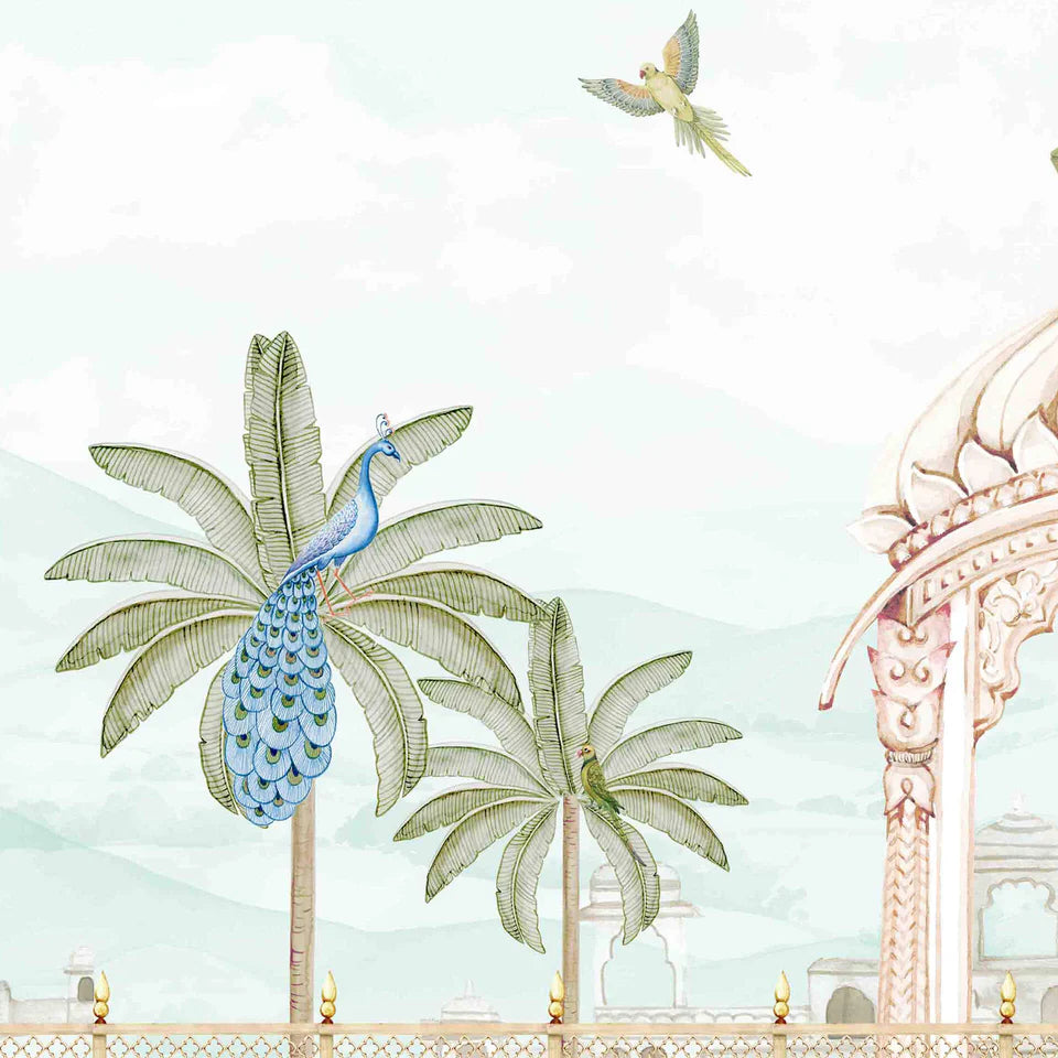 Peacocks in Ornate Indian Garden Wallpaper
