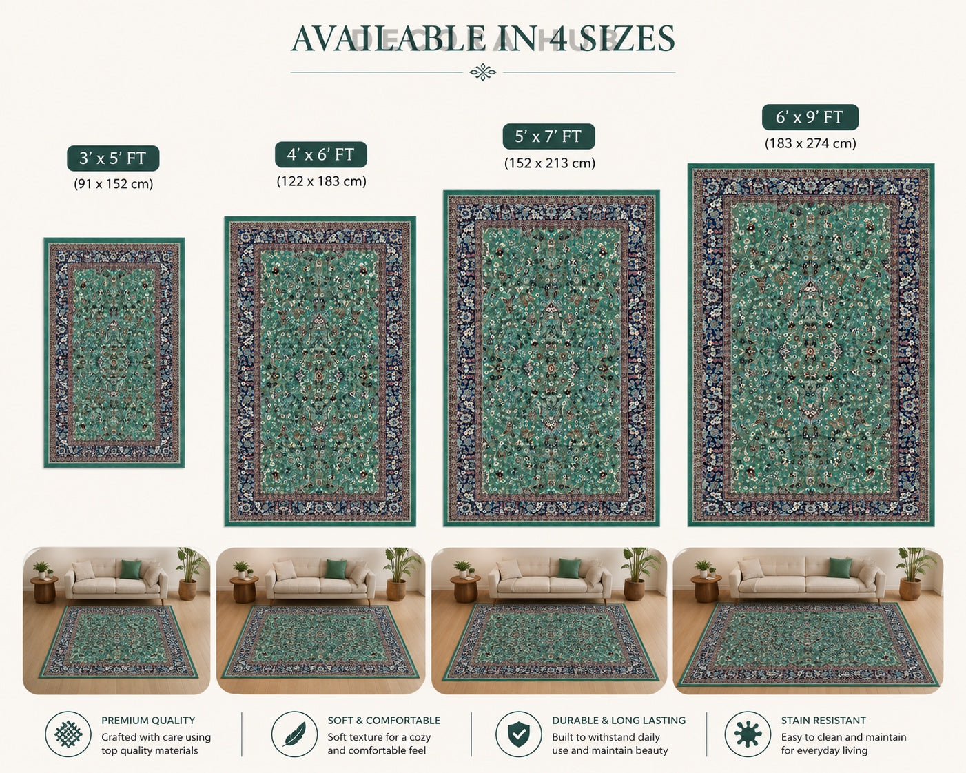 A size comparison chart for area rugs showing four available rug sizes: 3x5 ft, 4x6 ft, 5x7 ft, and 6x9 ft. The top half displays the rugs as rectangular patterns with labeled dimensions, and the bottom half shows the rugs styled in living room settings above sofas.