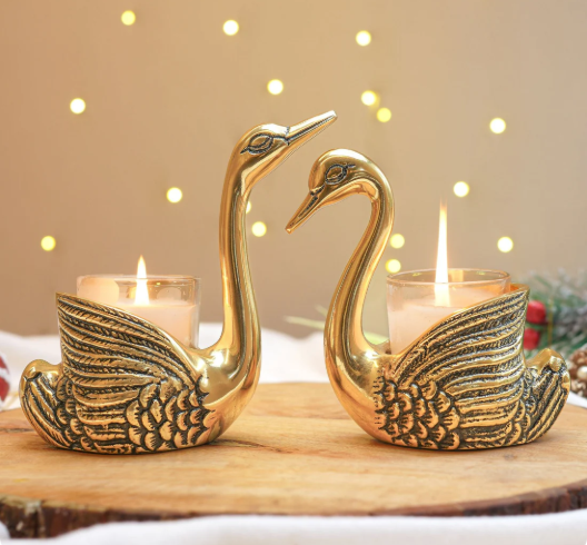 Metal Pair of Swans Candle Holders