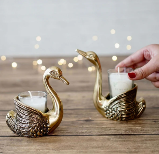 Metal Pair of Swans Candle Holders