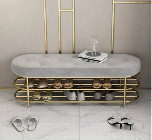 Modern Upholstered Bench Gray Velvet With Shelf and Shoe Storage