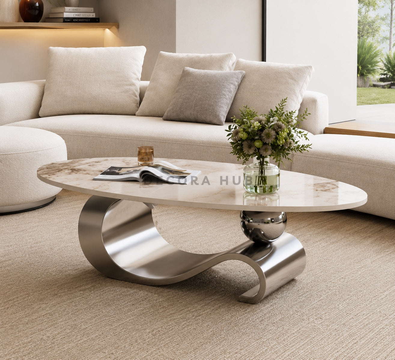 Modern living room with a beige sectional sofa, marble coffee table, and decorative elements.
