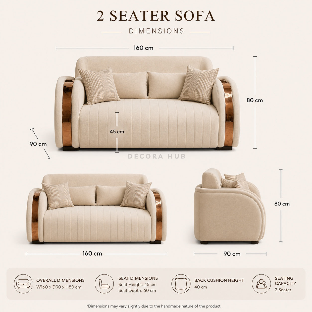 Beige sofa set with dimensions labeled on a beige background