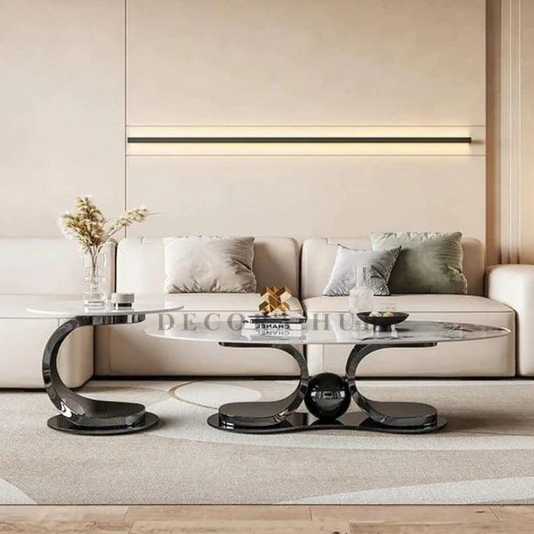 Lavish Black PVD Coated Stainless Steel Marble Top Centre/Coffee/ Teapoy Table for Living Rooms