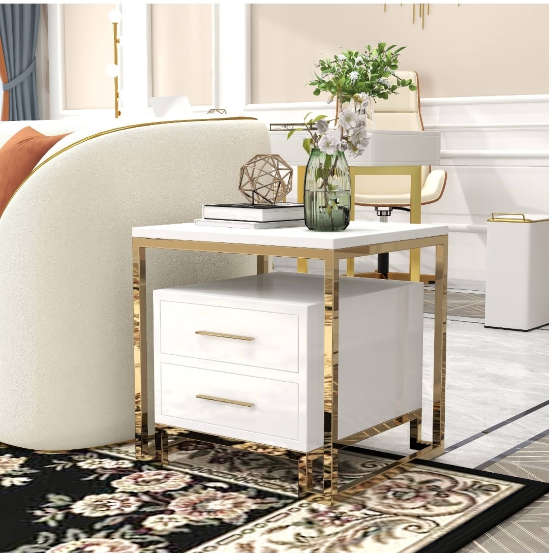 Luxurious White Side Table with Two-Drawer