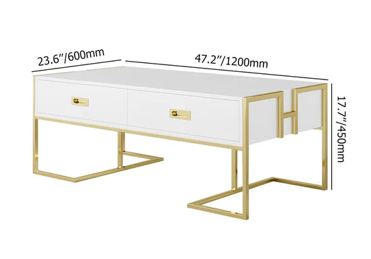 White Rectangular Coffee Table With Drawers Lacquer Gold Base