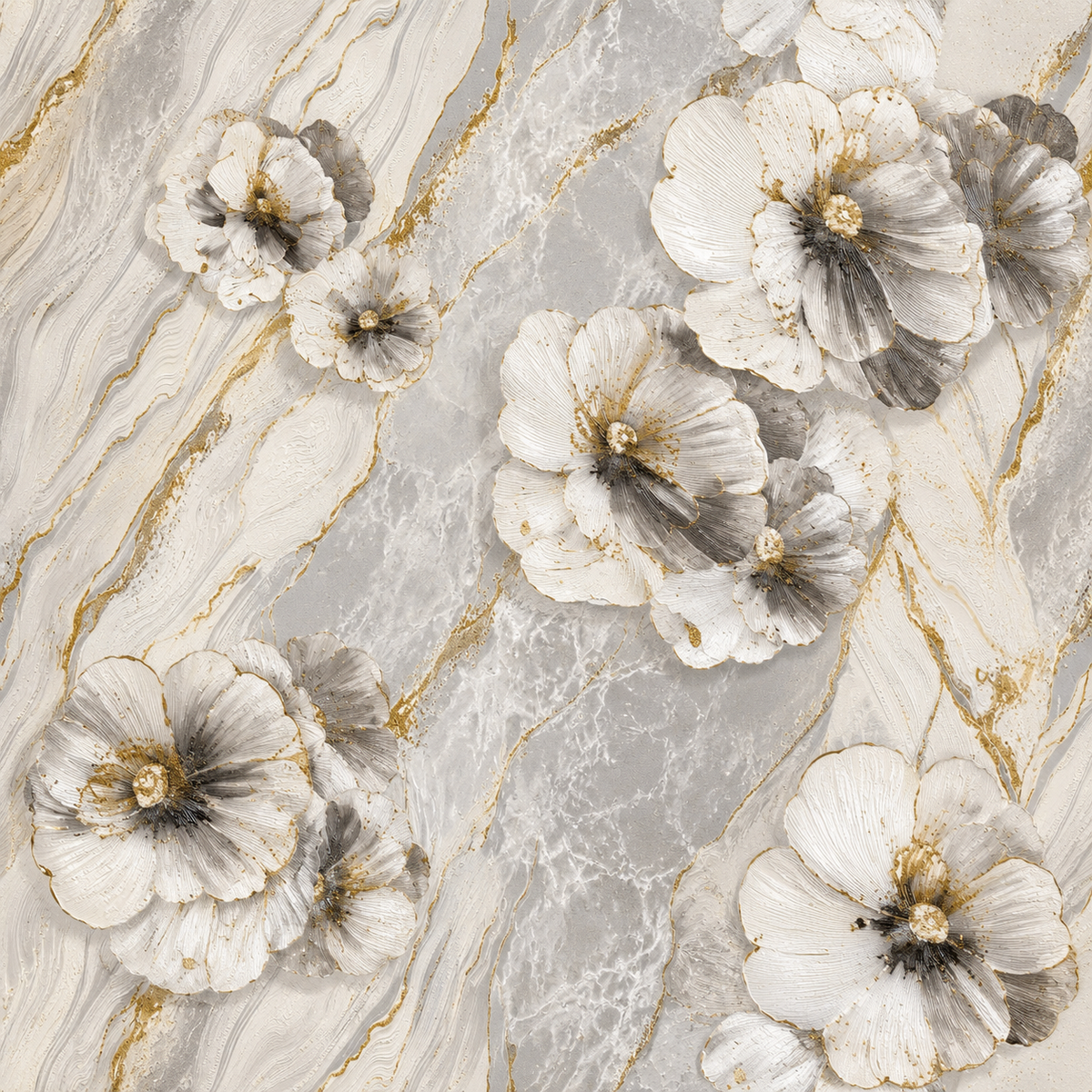 Grey Marble 3D Floral Bloom Wallpaper - detail