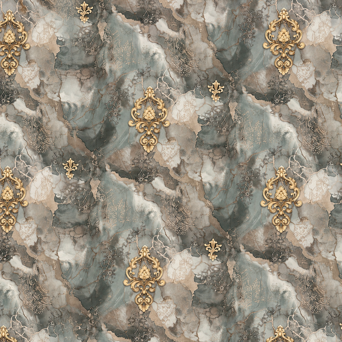 Emerald Marble Gold Baroque Wallpaper - close-up