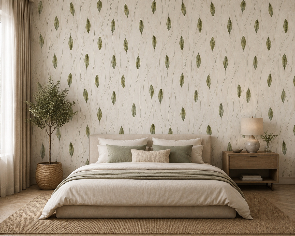 Sage Green Leaf Vine Wallpaper - room view