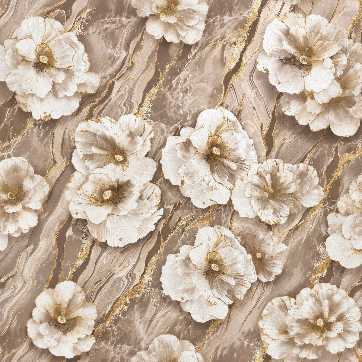 Taupe Marble 3D Floral Bloom Wallpaper - detail