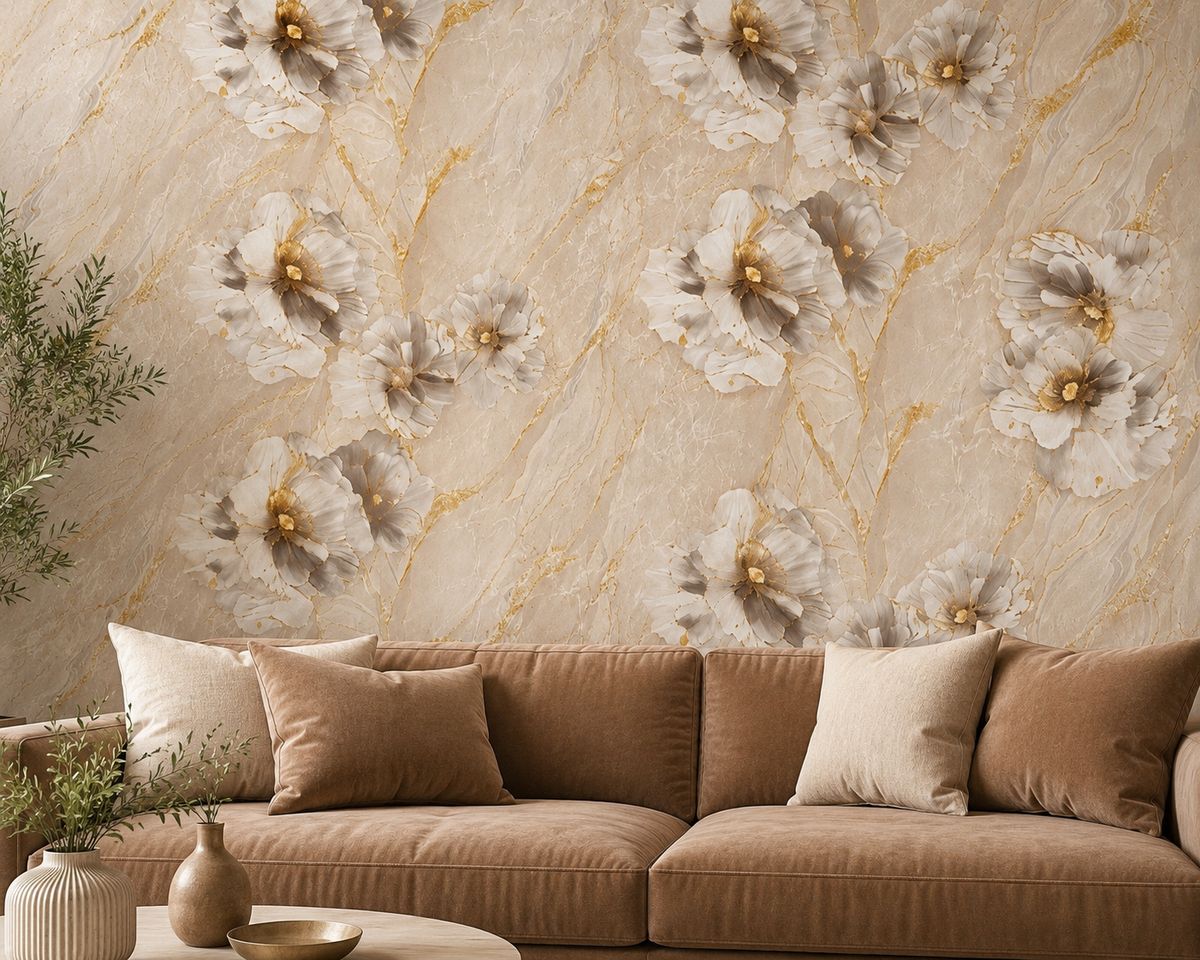 Ivory Marble 3D Floral Bloom Wallpaper - detail