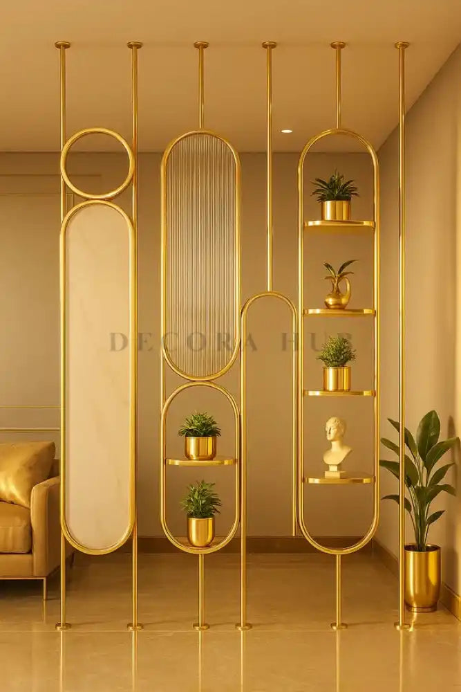 Gold Stainless Steel PVD Partition with Decorative Shelves