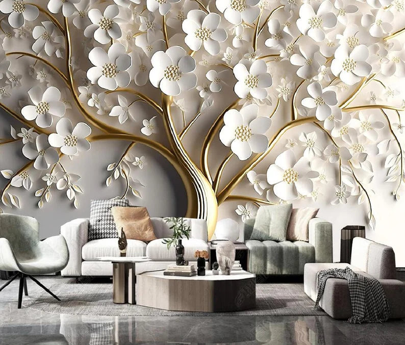 Golden Tree With White Flower 3D Wallpaper