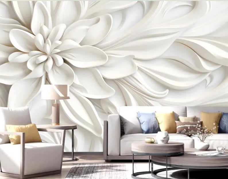 3D White Big Flower Floral Wallpaper