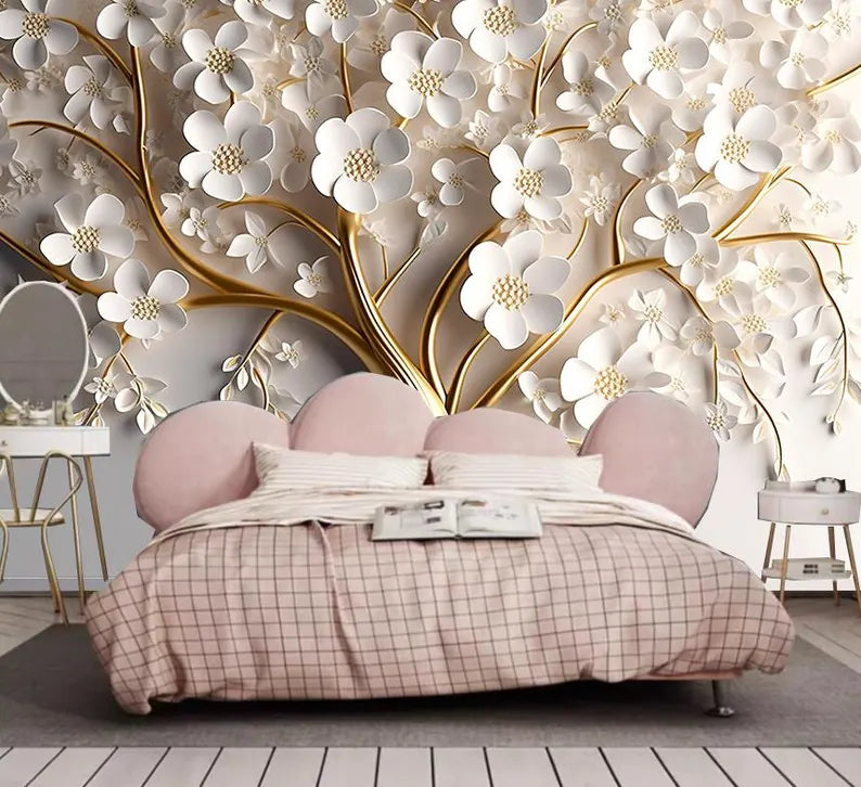 Golden Tree With White Flower 3D Wallpaper