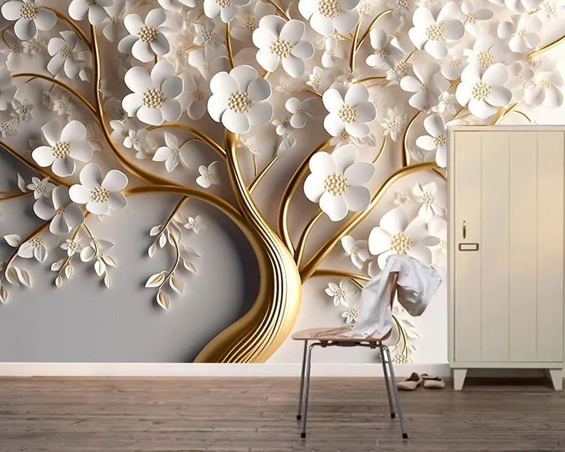 Golden Tree With White Flower 3D Wallpaper