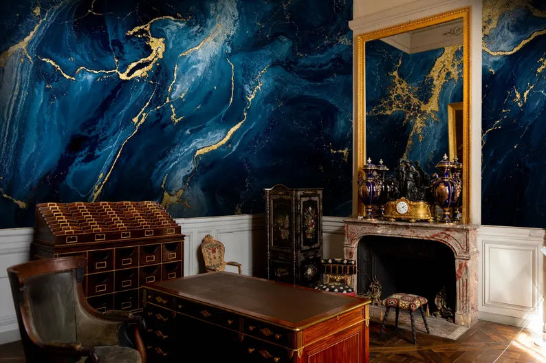Navy Blue and Gold Marble Wallpaper