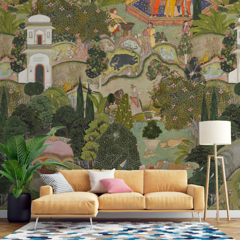 Jaipur Garden wallpaper mural on a living room wall, priced from ₹99 per sq ft