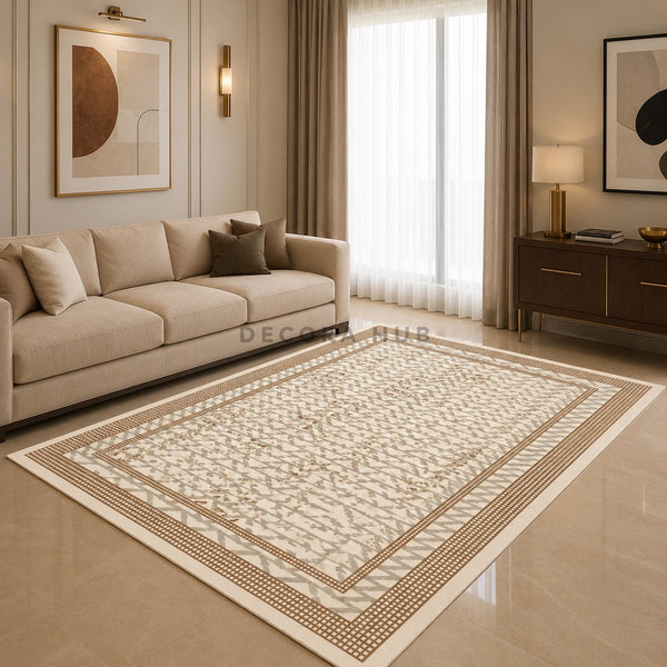 Azura Turkish Frame designer carpet under a sofa and centre table in a living room