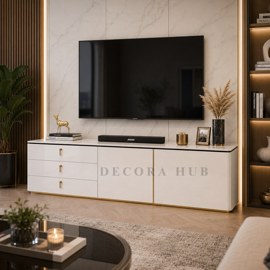Riva marble top TV console unit in a living room