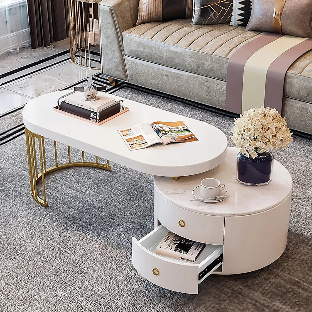 White Marble Teapoy Table with gold stainless steel base by DecoraHub