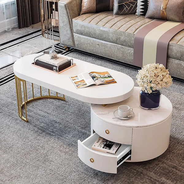 White Marble Teapoy Table with gold stainless steel base by DecoraHub