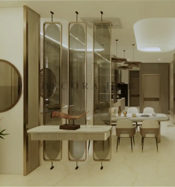 Living room and dining room partition — fluted glass SS304 PVD partition by DecoraHub