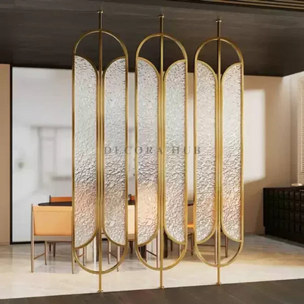 Slim fluted glass metal partition design for small Indian living rooms