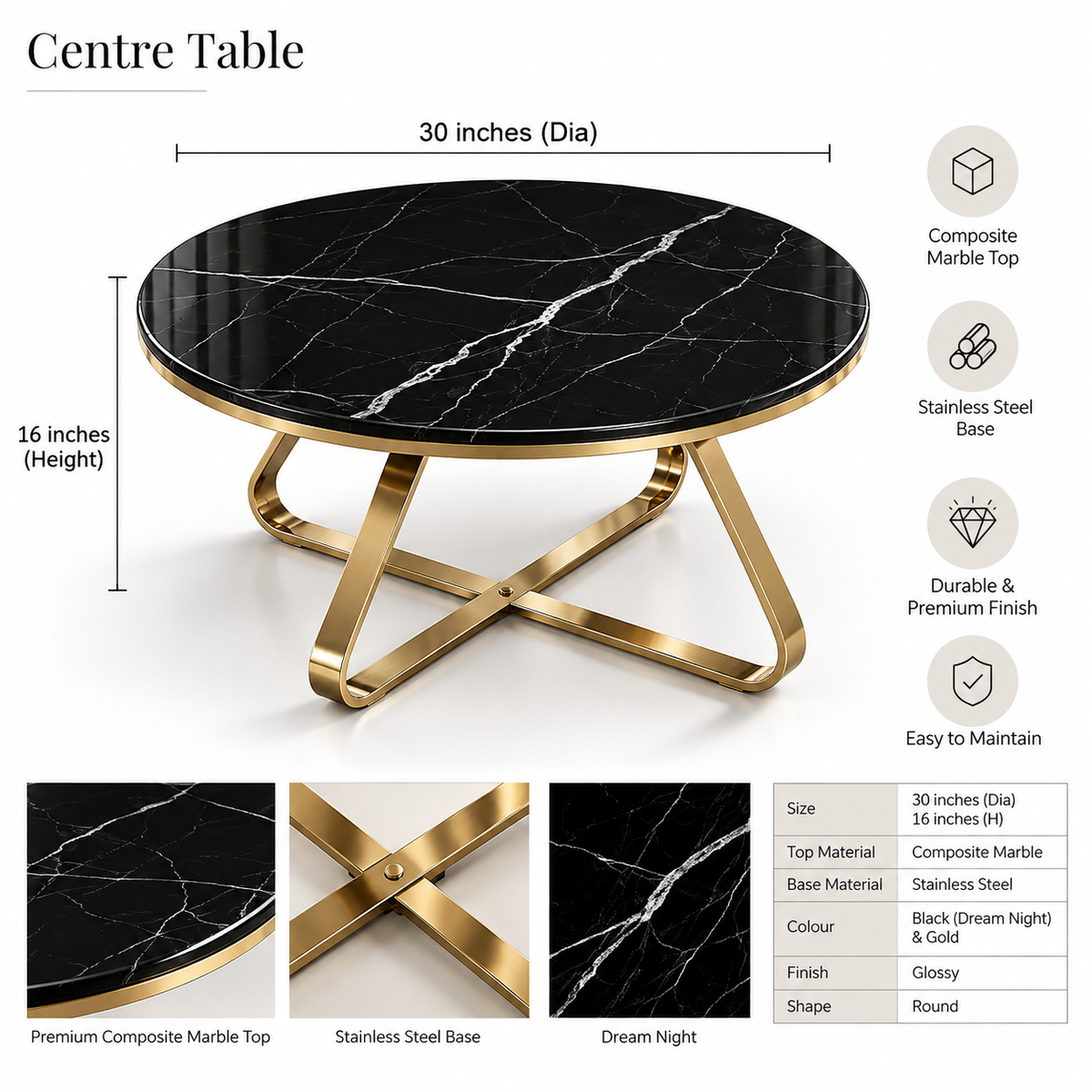 Nove Round Black Marble Top Centre Table with Gold Base