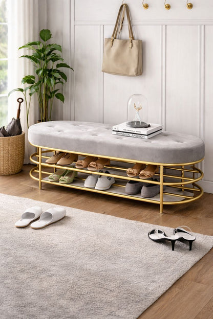 Modern Upholstered Bench Gray Velvet With Shelf and Shoe Storage