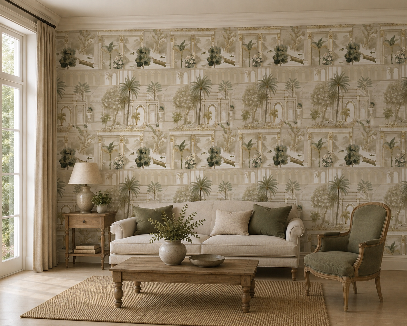 Taupe Panelled Colonnade Garden Wallpaper
