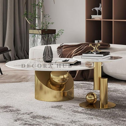 Eternia Modern Coffee Table – marble top on gold base coffee table by DecoraHub