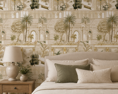 Taupe Panelled Colonnade Garden Wallpaper