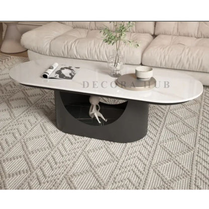 Black Luxurious Oval Shape Centre Table – white marble top on black base centre table by DecoraHub, view 2