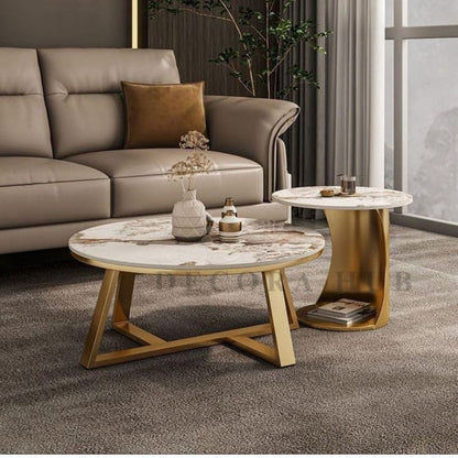 Vintage Luxurious Round Coffee Table – marble top on gold base coffee table by DecoraHub