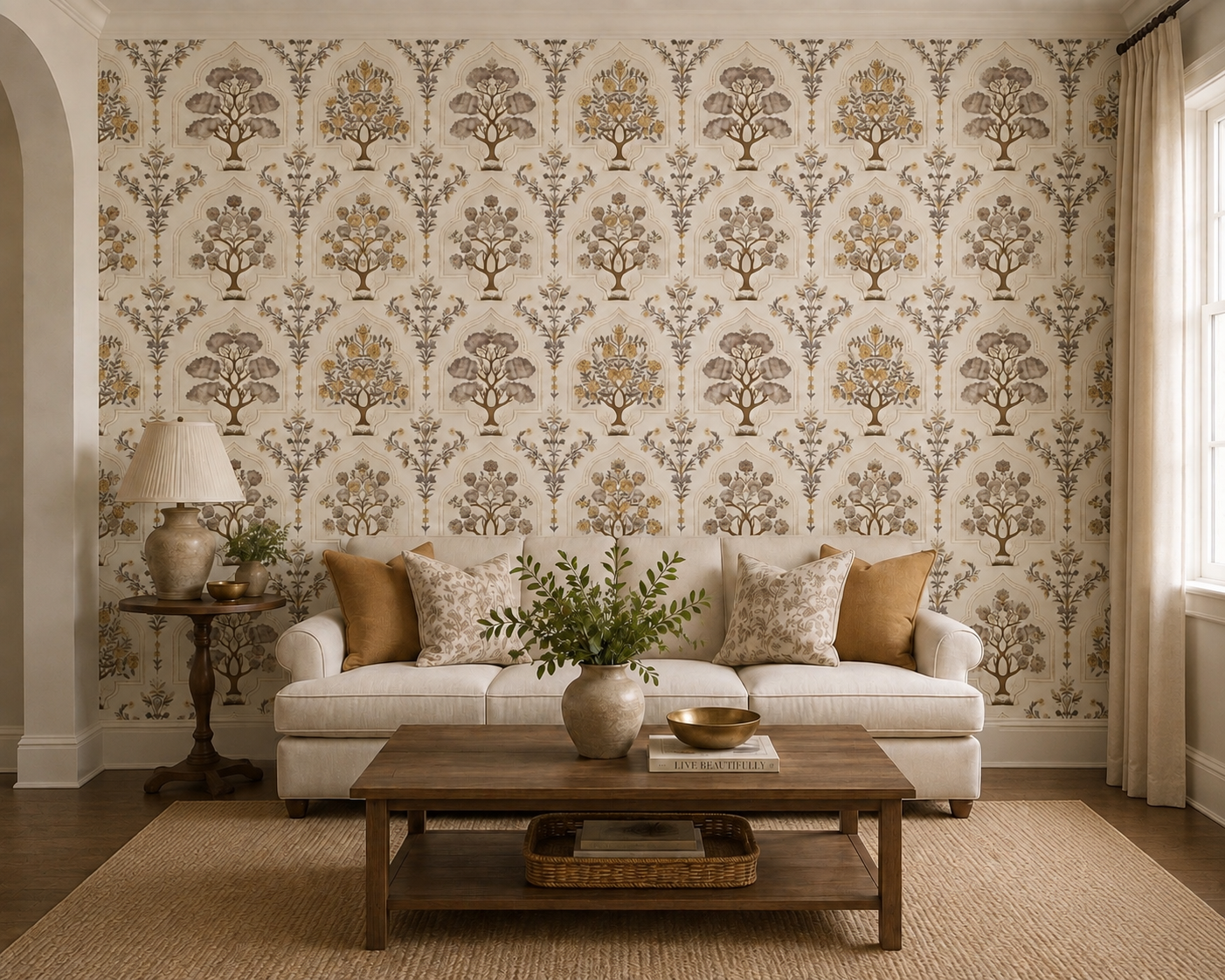 Taupe & Mustard Mughal Tree Wallpaper