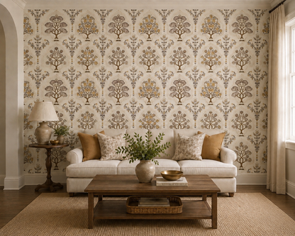 Taupe & Mustard Mughal Tree Wallpaper
