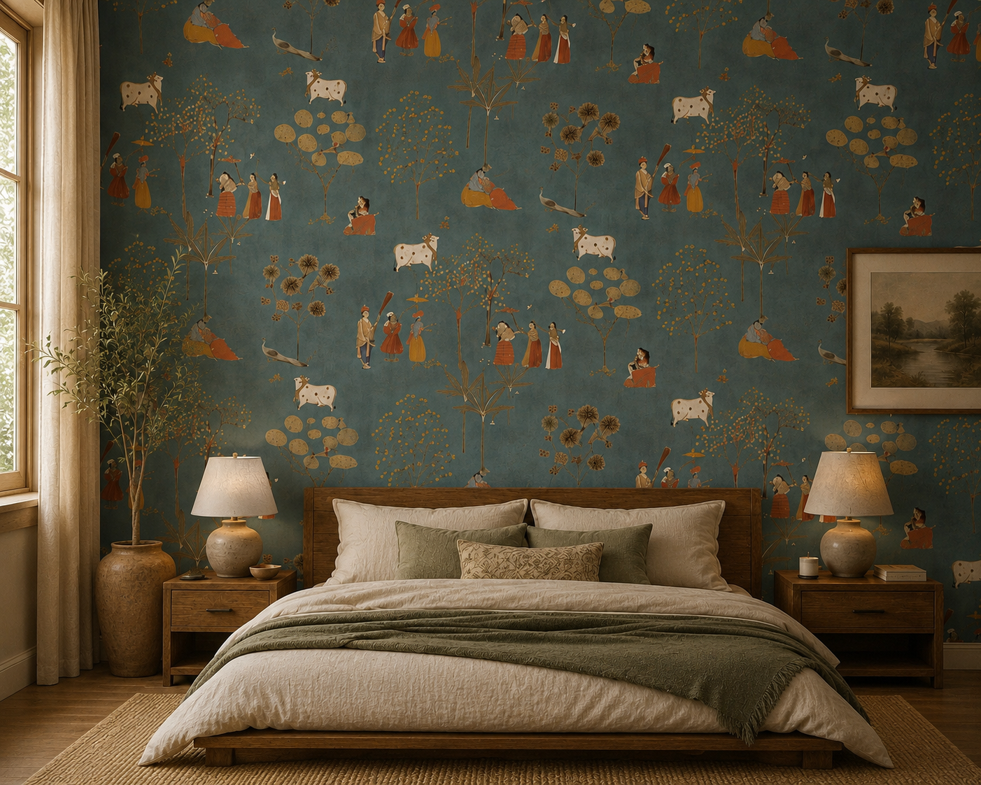 Slate Teal Pastoral Folk Tales Wallpaper